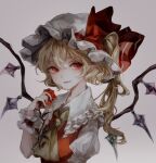  1girl ascot blonde_hair crystal flandre_scarlet grey_background hanaya_(fleur) hat hat_ribbon highres mob_cap one_side_up puffy_sleeves red_eyes red_vest ribbon short_sleeves solo touhou upper_body vest wings wrist_cuffs yellow_ascot 