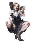  1girl alcohol blonde_hair boots bracelet copyright_request ear_piercing heo_sung-moo highres jewelry piercing red_eyes simple_background skirt tattoo white_background 