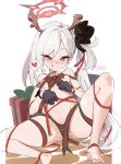  1girl absurdres antlers ass barefoot black_gloves blue_archive blush breasts fake_antlers gloves halo heart highres long_hair mutsuki_(blue_archive) naked_ribbon navel ocha_(popopogg) pointy_ears purple_eyes purple_hair reindeer_antlers ribbon sitting small_breasts solo spoken_heart spread_legs sweat very_long_hair 
