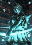  1girl bleach blurry blurry_background bow_(weapon) brown_hair building energy_weapon highres kurosaki_masaki looking_at_viewer mitarashi_(5333069) night pleated_skirt sailor_collar school_uniform short_hair skirt solo water_drop weapon 