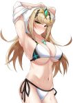  1girl absurdres armpits arms_up bangs bikini blonde_hair blush breasts chest_jewel cleavage closed_mouth ega-chan highres large_breasts light_frown long_hair looking_at_viewer mythra_(xenoblade) navel shirt side-tie_bikini_bottom simple_background solo swept_bangs swimsuit tiara tree undressing white_background white_bikini white_shirt xenoblade_chronicles_(series) xenoblade_chronicles_2 yellow_eyes 