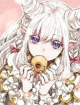  1girl arch_bishop_(ragnarok_online) bangs bow braid bright_pupils colored_eyelashes commentary_request cone_hair_bun doughnut dress food frilled_dress frilled_sleeves frills hair_bun holding holding_food long_hair looking_at_viewer official_alternate_costume pink_background pointy_ears purple_eyes ragnarok_online red_bow solo tokio_(okt0w0) twin_braids white_hair white_pupils 