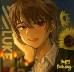  1boy :d bangs brown_eyes brown_hair brown_jacket candle character_name collared_shirt flower happy_birthday highres jacket long_sleeves looking_at_viewer luke_pearce_(tears_of_themis) male_focus open_mouth shirt short_hair smile solo sunflower tears_of_themis upper_body white_shirt ziern125 