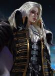  alucard_(castlevania) black_coat buttons castlevania coat european_clothes gold high_collar highres long_hair looking_afar ruslan_es white_hair yellow_eyes 