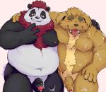  2022 anthro balls bear belly big_belly black_body black_nose blush bodily_fluids brown_body canid canine canis cum domestic_dog duo genital_fluids genitals giant_panda hi_res humanoid_hands itazura_igen kemono male male/male mammal moobs nipples overweight overweight_male penis white_body 