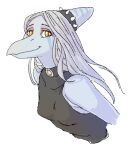  2022 amber_eyes anthro blue_body bone_frill breasts bust_portrait colored colored_sketch eyeshadow fang_(gvh) female frill_(anatomy) goodbye_volcano_high grey_hair hair halter_top long_hair looking_at_viewer makeup nonbinary_(lore) portrait pterodactylus pterosaur reptile scalie shaded simple_background sketch sleeveless_shirt small_breasts smile snoot_game_(fan_game) snootanon snout solo spiked_hairband video_games 