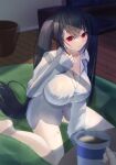  1girl 1other absurdly_long_hair azur_lane black_hair breasts button_gap collared_shirt cup highres holding holding_cup huge_breasts impossible_clothes impossible_shirt indoors kneeling long_hair long_sleeves looking_at_viewer partially_unbuttoned red_eyes shirt taihou_(azur_lane) tako-san_wiener_(takosanuma) television twintails very_long_hair white_shirt wooden_floor 