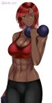  1girl abs arm_at_side bangs bare_shoulders black_pants breasts cleavage dark_skin dumbbell exercise highres looking_down medium_breasts muscular muscular_female navel original pants parted_bangs parted_lips red_hair red_sports_bra sacrokies signature simple_background sports_bra stained_clothes standing sweat tan upper_body white_background yoga_pants 