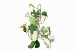  2022 :3 ambiguous_gender anthro belly_tuft cheek_tuft claws cute_fangs digitigrade dipstick_ears duo eye_contact facial_tuft featureless_crotch felid feline feral floragato flower fluffy fluffy_tail generation_9_pokemon gloves_(marking) hi_res holding_flower holding_object kjh_22 leg_markings looking_at_another looking_down looking_up mammal markings multicolored_ears neck_tuft nintendo nude on_hind_legs open_mouth open_smile pink_eyes pink_nose plant pokemon pokemon_(species) simple_background smile socks_(marking) sprigatito standing tuft white_background white_claws yellow_flower 
