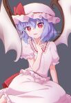  1girl :d bat_wings bright_pupils center_frills fang fingernails frills hat hat_ribbon highres long_fingernails looking_at_viewer mob_cap open_mouth petticoat purple_hair red_background red_eyes red_nails red_ribbon remilia_scarlet ribbon shirt short_hair simple_background skirt smile solo touhou white_headwear white_pupils white_shirt white_skirt wings wrist_cuffs yamisaki_(ymsk_xx) 
