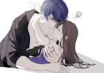  1boy 1girl abs bangs black_shirt brown_hair closed_mouth dog_tags feernze19 green_eyes highres hug long_hair looking_at_another lying marius_von_hagen_(tears_of_themis) muscular muscular_male on_back purple_eyes purple_hair purple_shirt rosa_(tears_of_themis) shirt short_hair sleeveless sleeveless_shirt squiggle tears_of_themis 