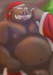  2022 anthro belly big_belly bodily_fluids bon_donuts brown_body christmas christmas_clothing christmas_headwear clothing ear_piercing ear_ring hat headgear headwear hi_res holidays humanoid_hands kemono male mammal moobs navel nipples overweight overweight_male piercing ring_piercing santa_hat scar solo suid suina sus_(pig) sweat tongue tongue_out wild_boar 