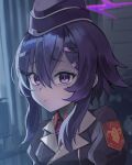  1girl bangs blue_archive closed_mouth curtains dano garrison_cap hair_between_eyes hair_ornament hairclip halo haruka_(blue_archive) hat jacket korean_commentary looking_at_viewer purple_eyes purple_hair purple_headwear short_hair_with_long_locks solo upper_body 