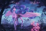  2022 bag blue_eyes blue_hair cutie_mark digital_media_(artwork) equid equine feathered_wings feathers female feral flower grass hair hasbro hazepages hi_res inner_ear_fluff mammal my_little_pony pegasus plant purple_body purple_feathers smile solo spread_wings standing tree tuft wings 