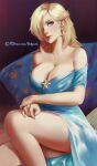  1girl blonde_hair blue_dress blue_eyes closed_mouth dress earrings highres holy_meh jewelry looking_at_viewer mario_(series) rosalina sitting solo 