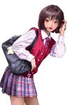  1girl bag brown_hair brushing_hair brushing_own_hair copyright_request heo_sung-moo highres leaning_forward looking_at_viewer medium_hair pink_eyes school_bag school_uniform simple_background skirt white_background 