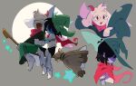  1boy 1other armor armored_boots black_bodysuit black_hair blue_skin bodysuit boots broom broom_riding cape closed_eyes colored_skin deltarune fur furry furry_male glasses gloves goat_boy green_tunic hat highres horns kris_(deltarune) long_sleeves multiple_views open_mouth ralsei red_cape scarf senjochi_janai signature simple_background star_(symbol) tunic twitter_username white_fur white_gloves witch_hat 
