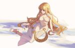  1girl anklet barefoot blonde_hair blue_eyes braid dress elf harp highres instrument jewelry long_hair looking_at_viewer pointy_ears princess_zelda riwancece_428 simple_background sitting solo the_legend_of_zelda twin_braids white_dress 