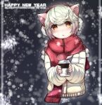  1girl animal_ears cat_ears coat coffee ejami happy_new_year long_sleeves looking_at_viewer open_mouth original scarf short_hair snowflakes snowing solo white_hair winter_clothes winter_coat 