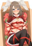  1girl bell black_pantyhose blue_eyes blush box breasts brown_hair cardboard_box christmas eunie_(xenoblade) fur_trim head_wings highres in_box in_container ka_maru medium_breasts naked_ribbon navel pantyhose red_ribbon red_skirt ribbon skirt white_background xenoblade_chronicles_(series) xenoblade_chronicles_3 