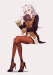  1girl absurdres book fate/grand_order fate_(series) full_body high_heels highres long_hair looking_at_viewer olga_marie_animusphere orange_eyes simple_background sitting solo white_background white_hair yanato_(e-huxe) 