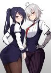  2girls ahoge ass bangs bartender black_hair black_vest blush breasts closed_mouth collared_shirt cowboy_shot dana_zane from_behind grey_hair hands_on_hips highres jill_stingray juliet_sleeves katsuragi_nantoka large_breasts long_hair long_sleeves looking_at_viewer looking_back mechanical_arms medium_breasts multiple_girls necktie pants pantyhose pencil_skirt pinstripe_pants pinstripe_pattern prosthesis prosthetic_arm puffy_sleeves red_eyes red_necktie shirt short_hair short_sleeves sidelocks sideways_glance simple_background single_mechanical_arm skirt smile striped swept_bangs twintails va-11_hall-a vest white_background white_shirt wide_hips 