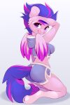  2019 2:3 5_fingers amberpendant anthro biped bottomwear breasts butt clothed clothing digital_media_(artwork) equid equine eyelashes female fingers fur hair hand_on_face hasbro hi_res hoodie hooves kneeling looking_at_viewer looking_back looking_back_at_viewer mammal midriff multicolored_hair my_little_pony pegasus pink_body pink_fur pink_hair purple_eyes purple_hair rear_view shaded shorts solo topwear two_tone_hair wings 