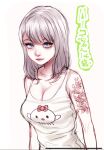  1girl arm_tattoo blue_eyes grey_hair highres looking_at_viewer original pepeyama simple_background sukeban tank_top tattoo watermark 