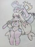  3:4 absurd_res big_breasts breasts female generation_9_pokemon genitals hi_res holding_object holding_weapon looking_at_viewer nintendo nipples pokemon pokemon_(species) pussy short_stack silvershield88 solo thick_thighs tinkaton weapon wide_hips 