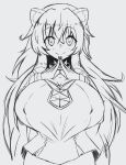  animal_humanoid big_breasts breasts cat_humanoid cleavage cleavage_cutout clothed clothing felid felid_humanoid feline feline_humanoid female hair hi_res huge_breasts humanoid long_hair mammal mammal_humanoid monochrome nipple_outline simple_background smile solo zozo_draws 