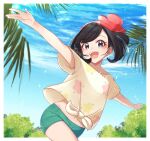 1girl :d bangs beanie black_hair blush border cloud commentary_request day floral_print green_shorts grey_eyes hat highres mocacoffee_1001 open_mouth outdoors outstretched_arms pokemon pokemon_(game) pokemon_sm red_headwear selene_(pokemon) shirt short_hair short_shorts short_sleeves shorts sky smile solo sparkle swept_bangs t-shirt teeth tied_shirt tongue upper_teeth_only white_border yellow_shirt 