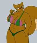  anthro areola areola_slip axentooth big_areola big_breasts breasts clothed clothing clothing_lift deep_cleavage female hand_on_hip head_tilt huge_areola illah_(axentooth) mammal midriff rodent sciurid simple_background skimpy slightly_chubby solo swimwear topwear tree_squirrel 