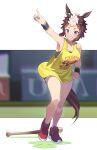  absurdres alternate_costume animal_ears baseball_bat black_shorts blue_eyes blush breasts brown_hair buruma cleavage full_body grin highres horse_ears horse_girl horse_tail medium_breasts mejiro_ryan_(umamusume) multicolored_hair nishiki_kazue pointy_ears red_footwear shoes short_hair short_shorts shorts smile sneakers sports_bra sweat sweatband tail tank_top two-tone_hair umamusume white_hair 