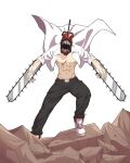 1boy abs absurdres belt black_pants chainsaw chainsaw_man collared_shirt denji_(chainsaw_man) facing_viewer floating_clothes highres hybrid mg991998 muscular muscular_male open_mouth pants rubble sharp_teeth shirt shoes simple_background sneakers solo teeth twitter_username white_background white_footwear white_shirt 