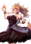  black_dress blonde_hair blue_eyes bowsette bracelet calpish collar dress fire horns jewelry long_hair mario_(series) ponytail shell simple_background spiked_bracelet spiked_collar spikes super_crown tail white_background 