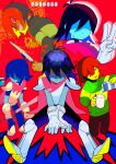  1other ? armor armored_boots bangs black_hair blood blue_hair blue_skin bodysuit boots brown_hair cape cellphone closed_mouth colored_skin commentary cup deltarune evil_grin evil_smile grin hair_between_eyes highres holdin holding holding_cup knife kris_(deltarune) long_sleeves milk_carton mug multiple_views open_mouth phone pouring red_eyes senjochi_janai signature simple_background sitting smile sweater symbol-only_commentary turtleneck turtleneck_sweater v white_footwear yellow_skin 