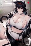  :3 animal_ears arknights bare_shoulders beltbra black_collar black_gloves black_hair black_skirt blaze_(arknights) blue_eyes breasts cat_ears cat_tail cloth_pull collar garter_straps gloves hairband highres izulizuru jacket large_breasts long_hair looking_at_viewer navel on_bed open_clothes open_jacket partially_fingerless_gloves red_hairband sidelocks skirt sports_bra sweat tail thick_thighs thighs white_jacket white_sports_bra 