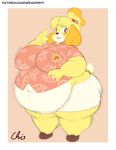  2021 4_fingers animal_crossing anthro belly belly_overhang big_belly big_breasts big_butt biped blonde_hair blush border bottomwear breasts brown_eyes butt canid canine canis clothed clothing curvy_figure digital_media_(artwork) domestic_dog female fingers footwear hair hand_on_stomach huge_thighs isabelle_(animal_crossing) mammal motion_lines navel nekocrispy nintendo obese obese_anthro obese_female open_mouth overweight overweight_anthro overweight_female pupils shih_tzu shirt shoes signature skirt solo standing text thick_thighs tight_clothing topwear toy_dog url white_border white_pupils wide_hips 