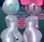  big_butt blue_eyes bow_accessory butt coffeewithdicks dialogue duo english_text female flaccid genitals glistening glistening_body hi_res humanoid machine male not_furry nude penis pink_eyes pussy robot robot_humanoid robotboy robotboy_(character) robotgirl_(robotboy) short_stack speech_bubble standing text thick_thighs wide_hips 