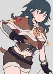 1girl alternate_costume animal_costume animal_hood bangs black_gloves blue_eyes blue_hair blush brown_capelet brown_shorts byleth_(fire_emblem) byleth_(fire_emblem)_(female) capelet christmas closed_mouth commentary deer_tail do_m_kaeru fake_tail fire_emblem fire_emblem:_three_houses gloves grey_background hair_between_eyes holding holding_sack hood hood_down hooded_capelet long_hair looking_at_viewer navel reindeer_costume sack short_shorts shorts simple_background solo symbol-only_commentary tail 