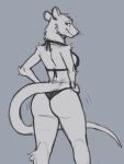  3:4 anthro bikini breasts butt clothed clothing didelphid female greyscale hi_res looking_back mammal marsupial monochrome partially_clothed rear_view simple_background solo squigor swimwear 