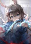  1girl :o amiya_(arknights) animal_ears arknights bands blue_coat blue_eyes blurry blurry_foreground brown_hair coat depth_of_field empty_eyes english_text floating_hair hair_between_eyes highres hisiya_(wldn1112) long_hair long_sleeves looking_at_viewer open_clothes open_coat open_hand parted_lips rabbit_ears rabbit_girl reaching_towards_viewer red_lightning sidelocks solo solo_focus upper_body watercolor_effect 