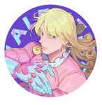  1boy blonde_hair blue_eyes character_name closed_mouth coat curly_hair dirty_deeds_done_dirt_cheap funny_valentine highres honlo jojo_no_kimyou_na_bouken long_hair long_sleeves looking_at_viewer male_focus pink_coat portrait solo stand_(jojo) steel_ball_run 