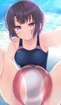  1girl ball bangs bare_arms bare_legs bare_shoulders beachball between_legs black_hair blush breasts covered_nipples grin komone_ushio looking_at_viewer medium_breasts medium_hair original outstretched_arm poolside purple_eyes reaching_towards_viewer school_swimsuit see-through selfie smile solo split spread_legs sweatdrop swimsuit thighs 