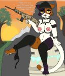  2022 anthro areola beanie big_breasts breasts calico_cat clothed clothing dialogue digital_media_(artwork) domestic_cat epic_games eyeshadow felid feline felis female fortnite fur genitals gun hat headgear headwear hi_res humanoid looking_at_viewer makeup mammal meow_skulls_(fortnite) mottled nipples piebald piercing presenting presenting_pussy pussy ranged_weapon rifle skimpy solo speech_bubble text thong underwear video_games weapon 