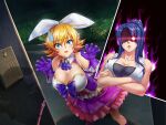  2girls :&lt; action_taimanin angry aura bare_shoulders blonde_hair blue_eyes blue_hair breast_press breasts bush cleavage crossed_arms detached_sleeves fang game_cg glowing glowing_eye glowing_eyes grin halloween hime_cut holding holding_wand igawa_sakura kagami_hirotaka large_breasts long_hair looking_at_another looking_at_viewer magical_girl multiple_girls night official_alternate_costume open_mouth red_eyes road scared shaded_face short_hair smile solo street surprised sweatdrop taimanin_(series) taimanin_asagi very_long_hair wand yatsu_murasaki 