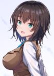  1girl aoi_erika bangs black_hair blue_bow bow breasts brown_vest green_eyes heaven_burns_red highres looking_at_viewer looking_back looking_to_the_side medium_breasts open_mouth rgrey00 school_uniform shirt short_hair solo upper_body vest white_shirt 