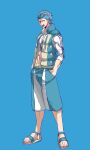  1boy :o abs blue_background blue_headband blue_shorts crop_top full_body grey_hair gyarados hands_in_pockets headband highres jacket looking_at_viewer male_focus personification pokemon red_eyes sandals short_hair shorts simple_background solo standing woborou 