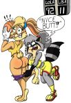  anthro assisted_exposure basketball basketball_uniform big_butt blush butt clothing duo embarrassed female female/female hi_res lagomorph leporid lisa_raccoon lola_bunny looney_tunes mammal pantsing procyonid rabbit raccoon shinragod sportswear uniform warner_brothers 