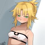  1girl bandeau bangs blonde_hair blush breasts closed_mouth dated fate/apocrypha fate/grand_order fate_(series) green_eyes guman_project hair_ornament hair_scrunchie highres looking_at_viewer mordred_(fate) mordred_(fate/apocrypha) paid_reward_available ponytail red_scrunchie scrunchie signature simple_background small_breasts solo sweat upper_body white_bandeau 
